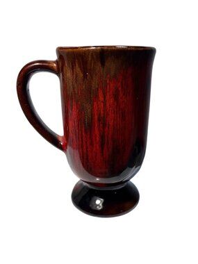 Ceramic Pedestal Mug With Handle Glossy Red & Brown Glaze Rustic 5.25" Tall